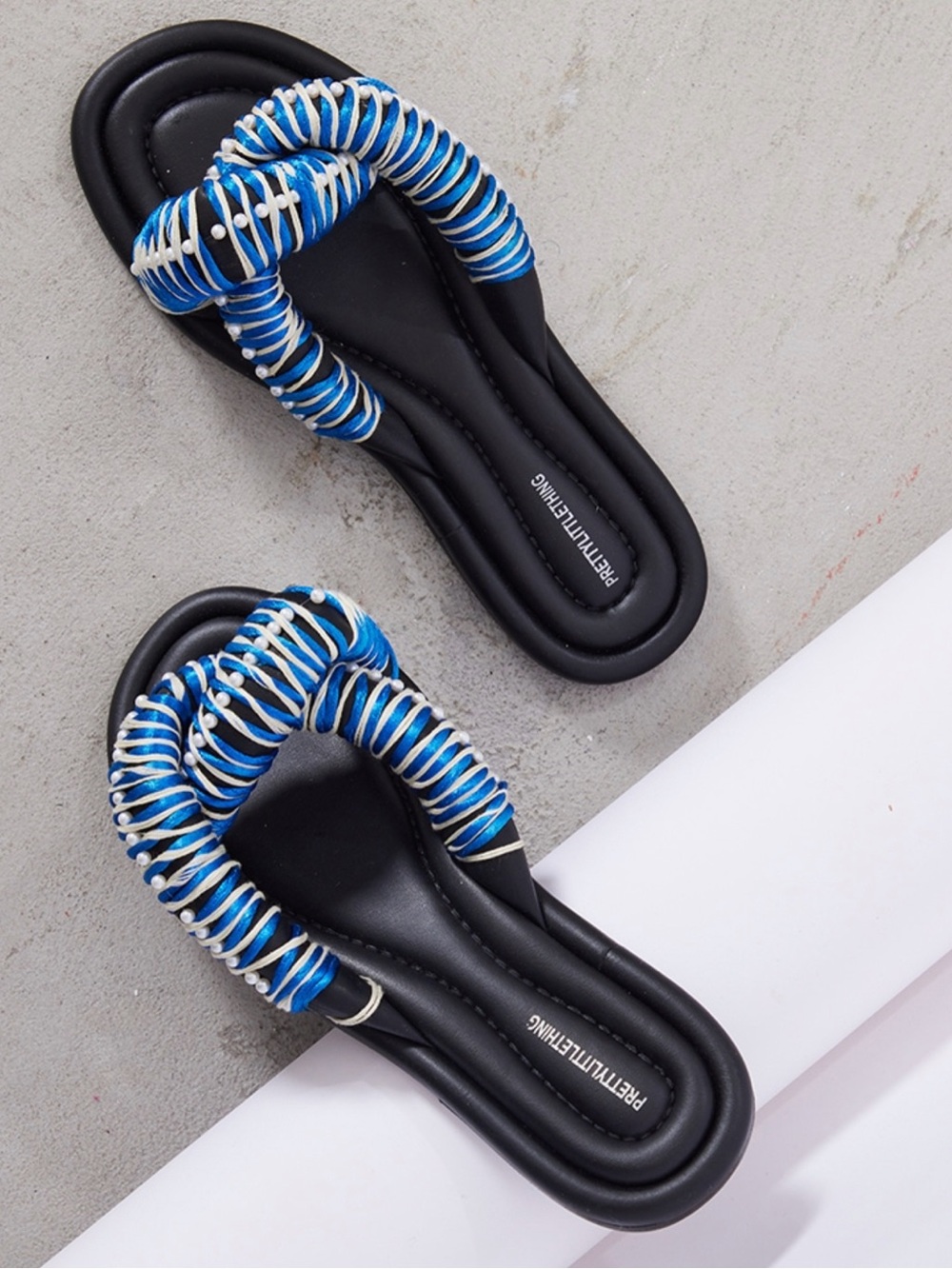 PrettyLittleThing Black Slide Sandals with Blue & White Braided Straps